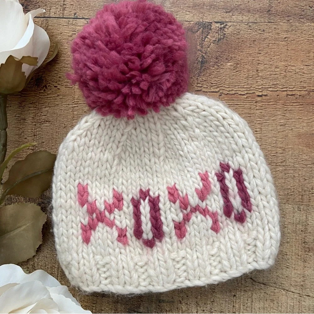 Beanie Hats (2) Hand Knit Cozy 2 HATS INFANT + Toddler Pom Pom Valentines Day